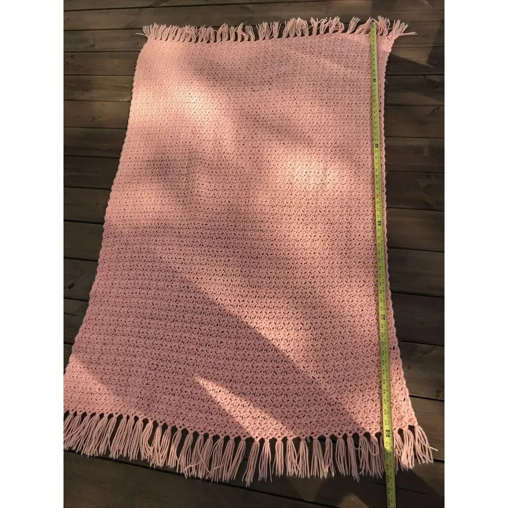 Vintage Handmade Crochet Blanket Afghan 40x63” Peach Fringe EUC